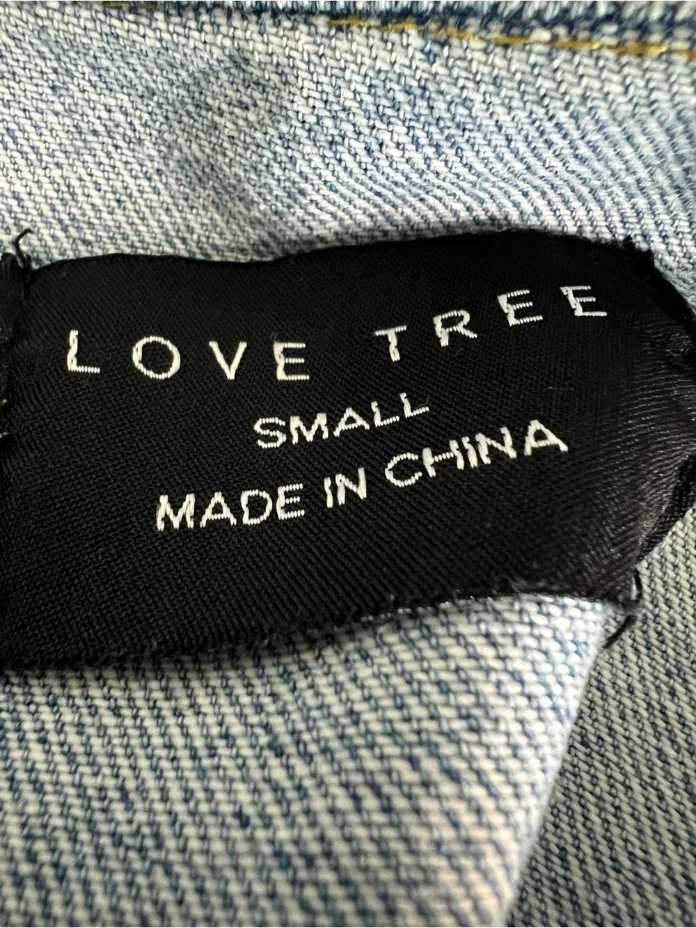 Love Tree Size S Blue Distressed Long Sleeve Denim Jacket Hip Length